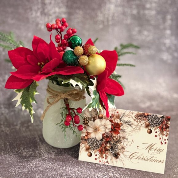 Red Poinsettia Christmas Faux Floral Arrangement in Frosted Mason Jar Decor - Picture 9 of 10